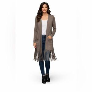 JODIFL Taupe Brown Fringe Cardigan Long Open Front Size Large